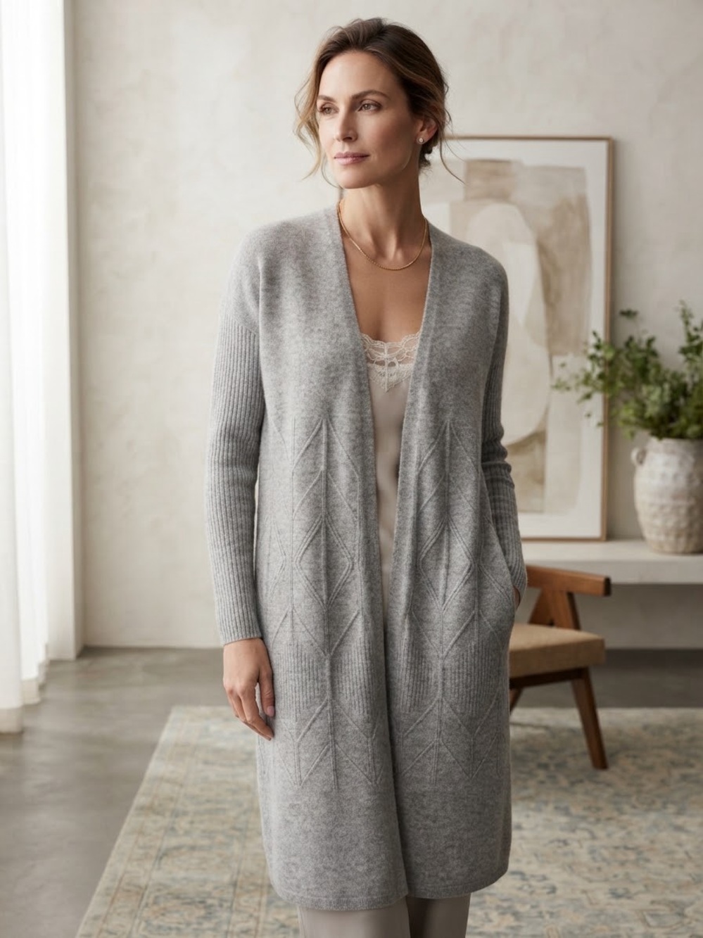 Sundance Light Gray Open-Front Long Cardigan